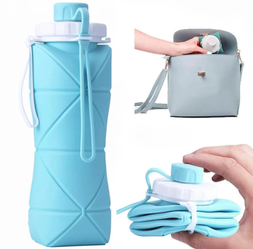 Collapsible Light Blue Water Bottle with Strap